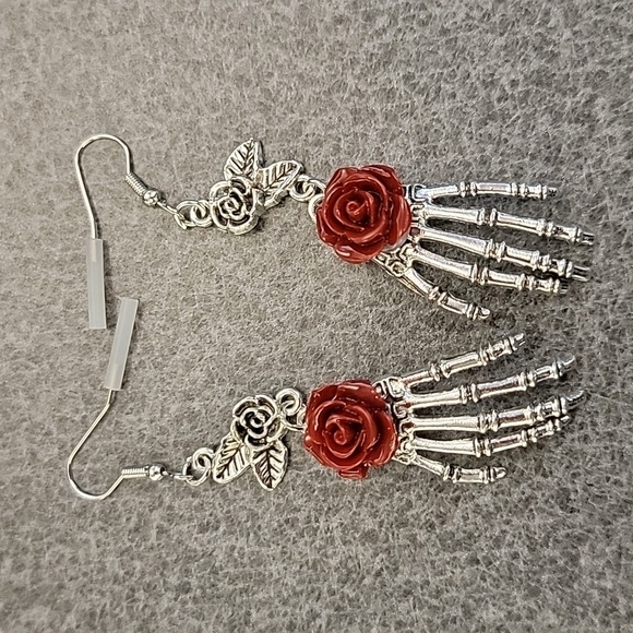 Gothic Rose Skeleton Hand Dangle Earrings - Picture 1 of 1